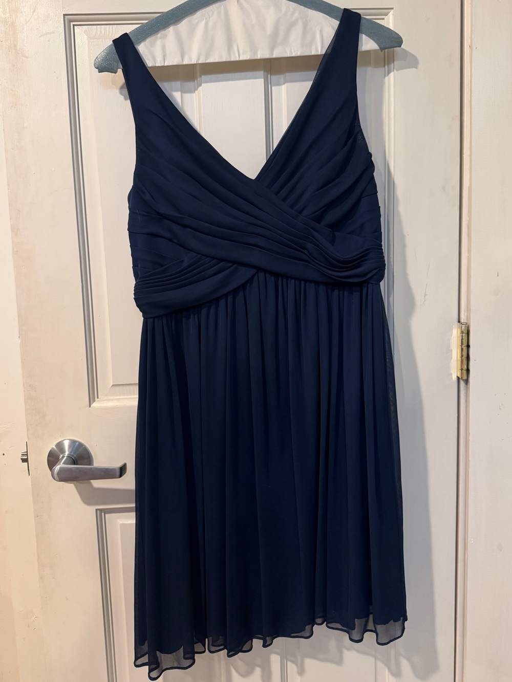 David's Bridal Navy V-Neck Chiffon Midi Dress